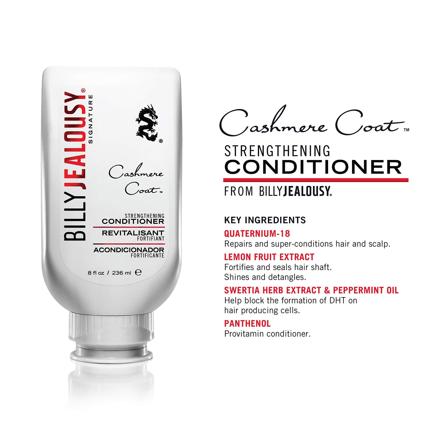 Billy Jealousy Cashmere Coat Hair Conditioner for Men, Strengthening & Hydrating Conditioner Infused with Peppermint, Lemon Fruit & Swertia Extract