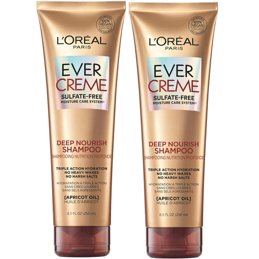 L'Oreal Paris EverCreme Sulfate Free Shampoo for Dry Hair, Triple Action Hydration for Dry, Brittle or Color Treated Hair, with Apricot Oil, 8.5 Fl