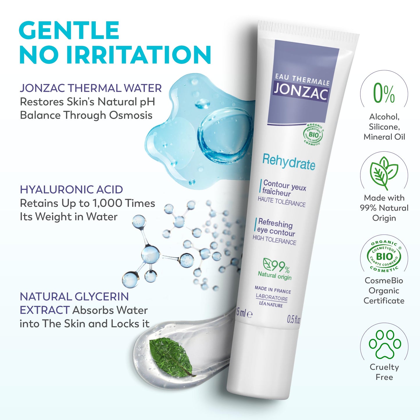 Eau Thermale Jonzac Rehydrate Organic Refreshing Eye Contour Cream - Soothing Hydration with Hyaluronic Acid For Dark Circles - For Sensitive Skin