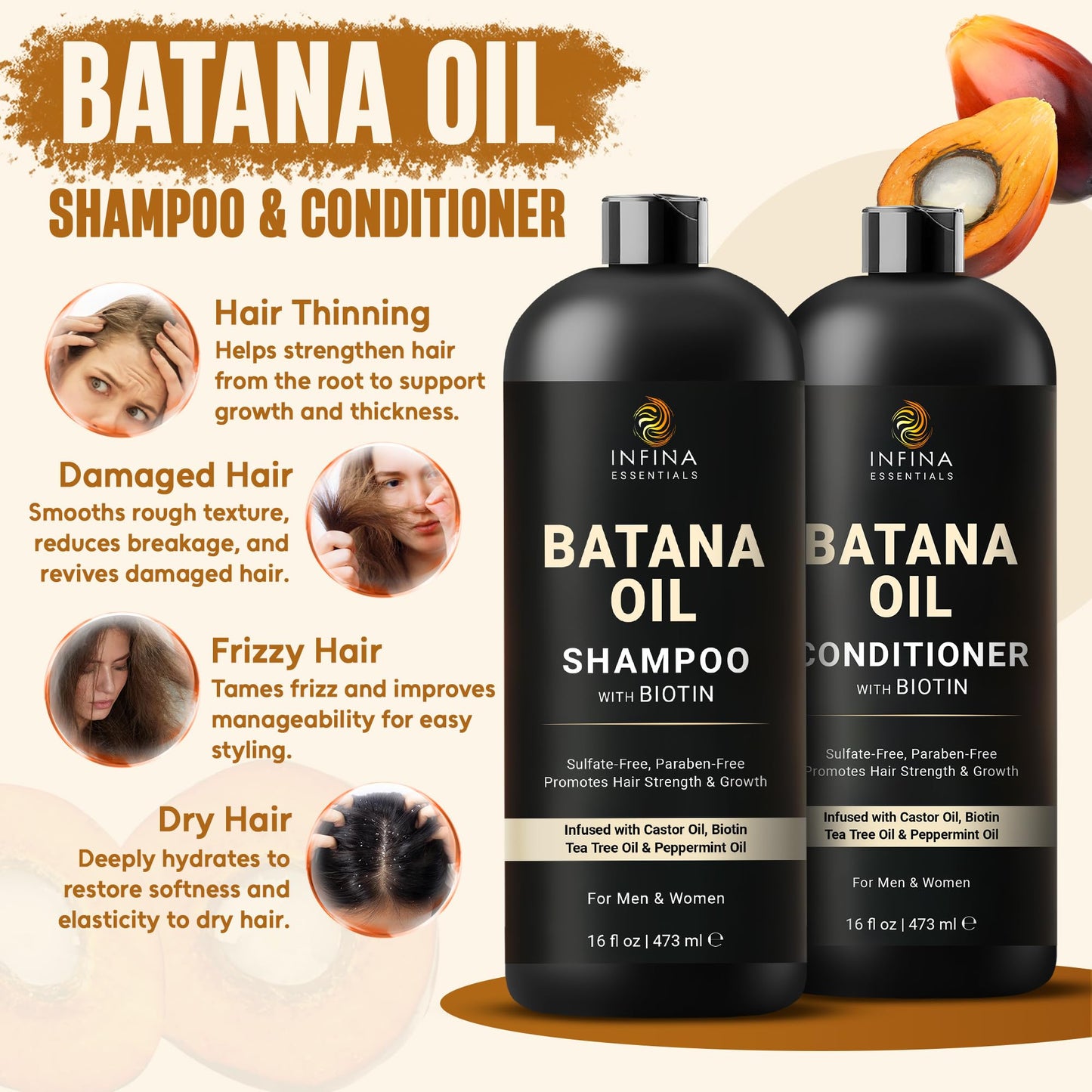 INFINA ESSENTIALS Batana Oil Shampoo and Conditioner Set | 16 fl oz Each | with Biotin & Tea Tree | Moisturizing, Strengthening & Nourishing Formula |