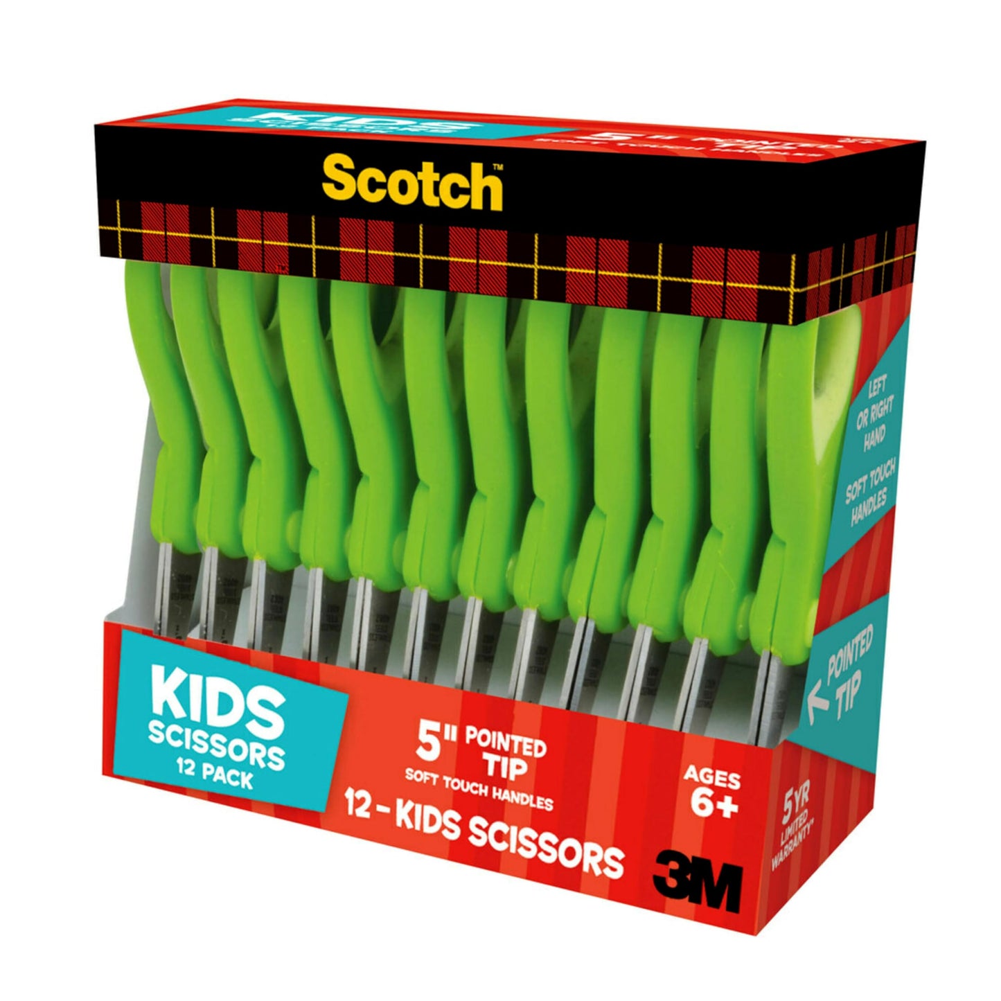 Scotch 5" Soft Touch Pointed Tip Kids Scissors, 12 Count Teacher’s Pack, Green, All-Purpose Scissors for School and Crafts (1442P-12)