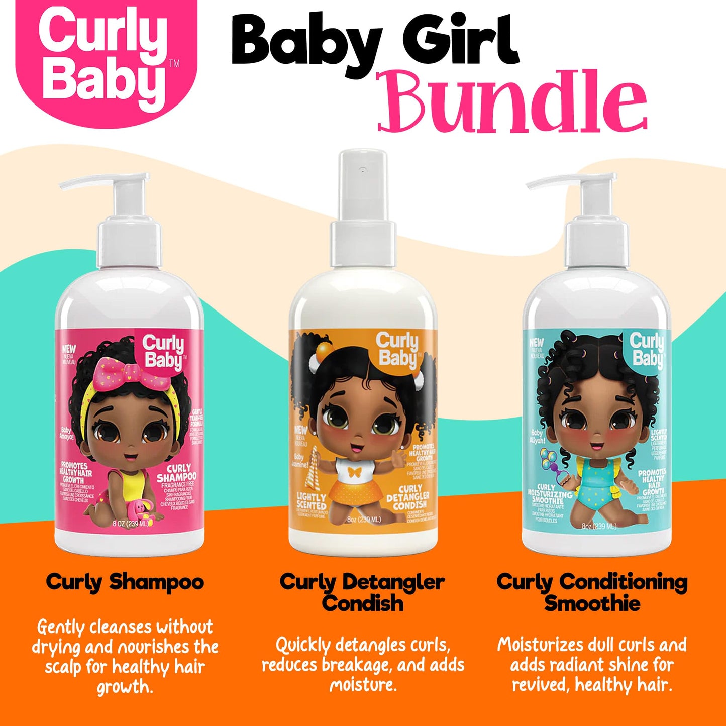 CurlyBaby Baby Girls Curly Hair Bundle - Tear-Free Curly Shampoo, Detangling Conditioner & Moisturizing Smoothie - Gentle, Hypoallergenic