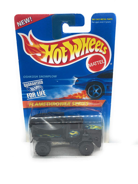 Hot Wheels Flamethrower Series #4 OshKosh Snowplow Black Construction Tires #387 Collectible Collector Car Mattel 1:64 Scale