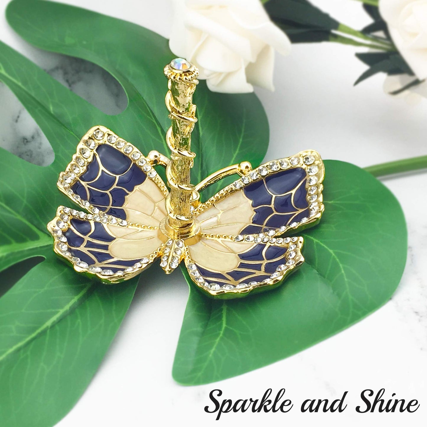 Matashi Gold Plated Butterfly Jewelry Organizer with Blue Enamel & Crystals - Elegant Ring Holder - Ideal Gift for Her on Mother’s Day, Valentine’s…