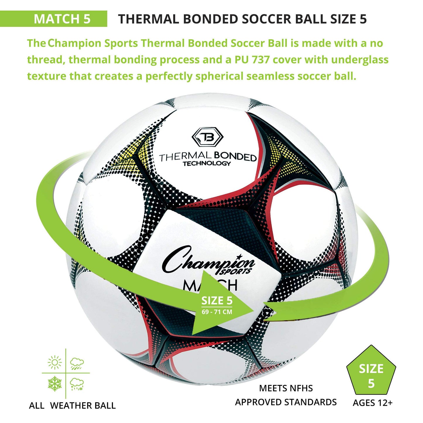 Champion Sports Thermal Bonded "No Stitch" Soccer Ball, Size 5