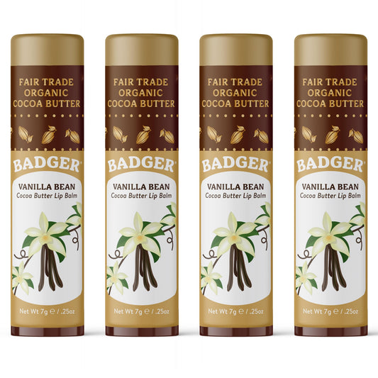 Badger Vanilla Bean Cocoa Butter Lip Balm, Long Lasting Hydrating Lip Care, 100% Organic Lip Balm, Large Size Stick, 4-pack Beauty and Personal Care Badger