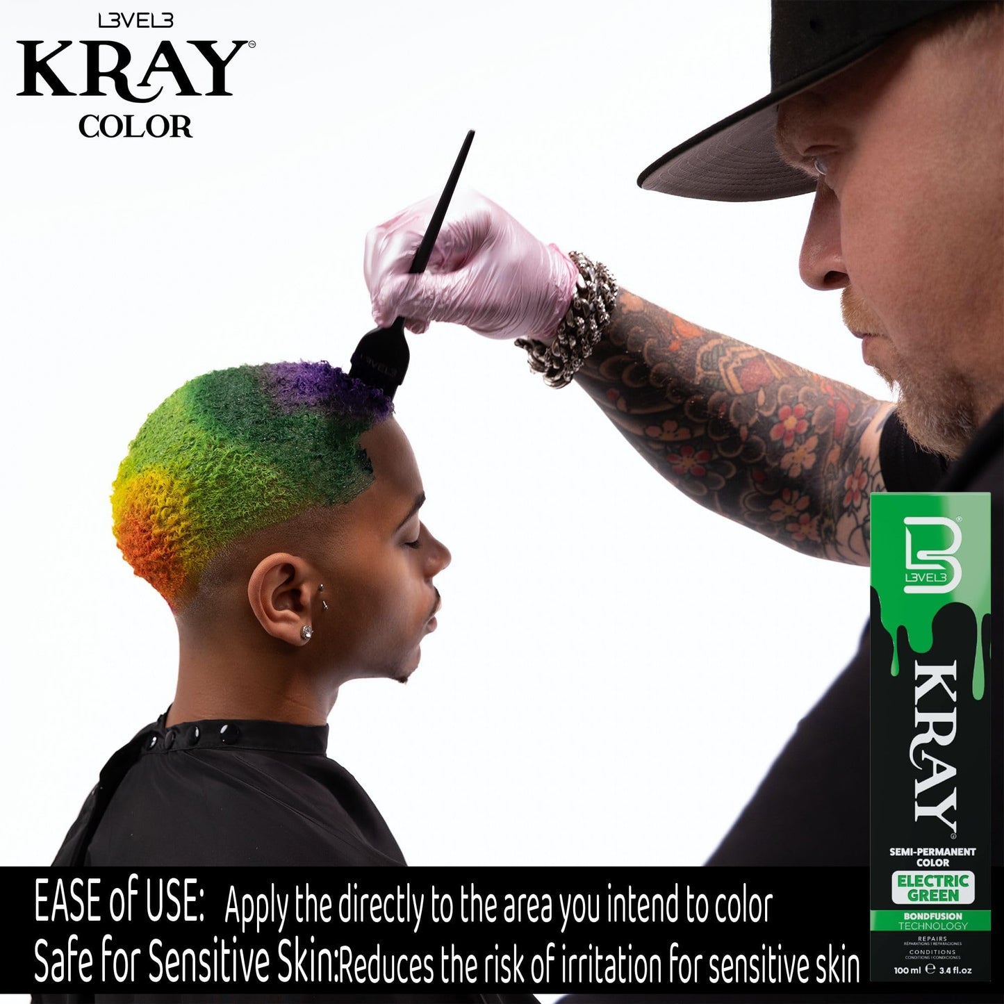 L3 - Level 3 Electric Semi Permanent Hair Color - Vibrant Long Lasting Shine - Argan Oil Protection - 100 ml - Electric Green