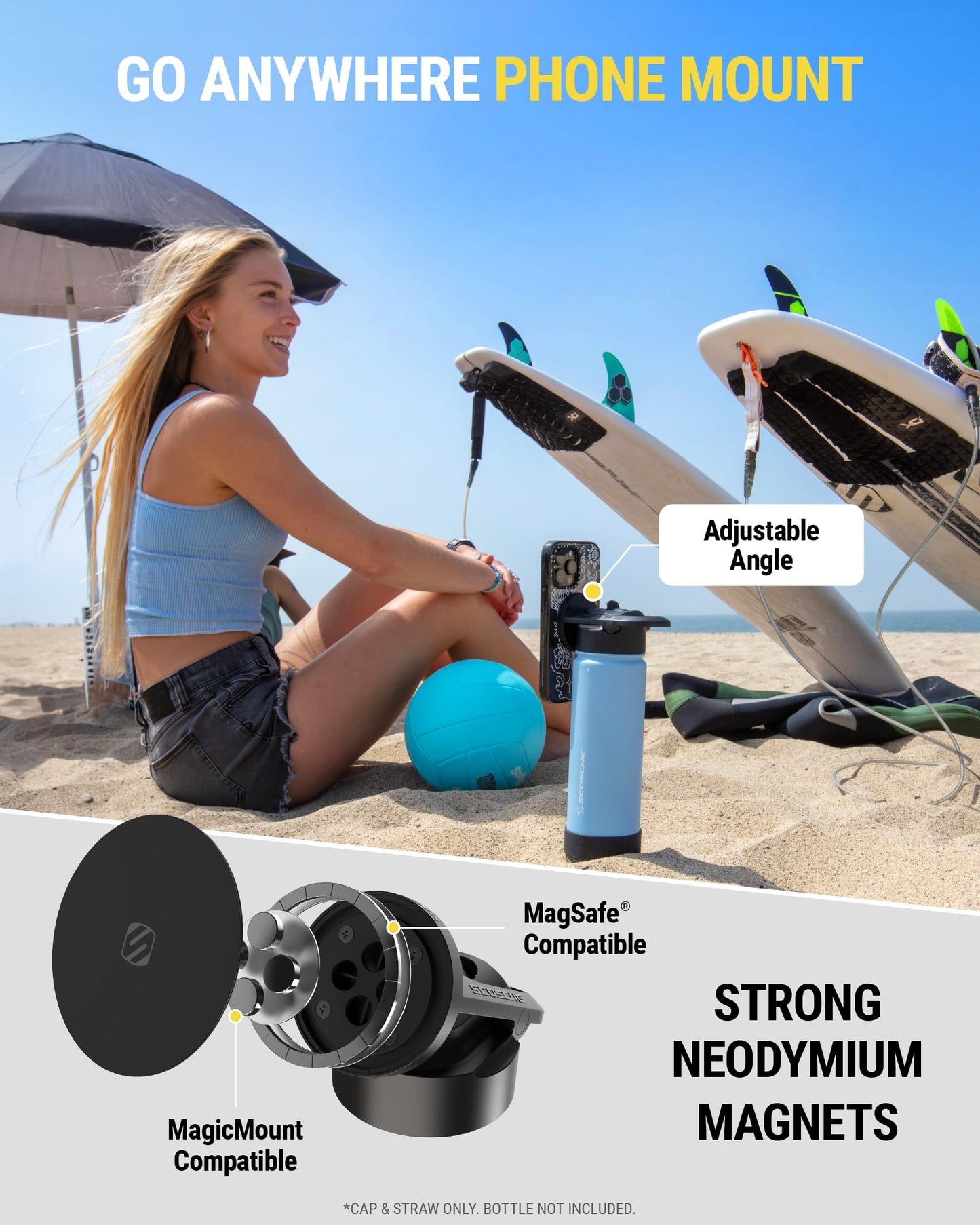 Scosche MFMSCAP Water Bottle Lid Replacement with MagSafe Phone Holder for Wide Mouth Refillable Water Bottles, Magnetic Phone Mount Compatible…