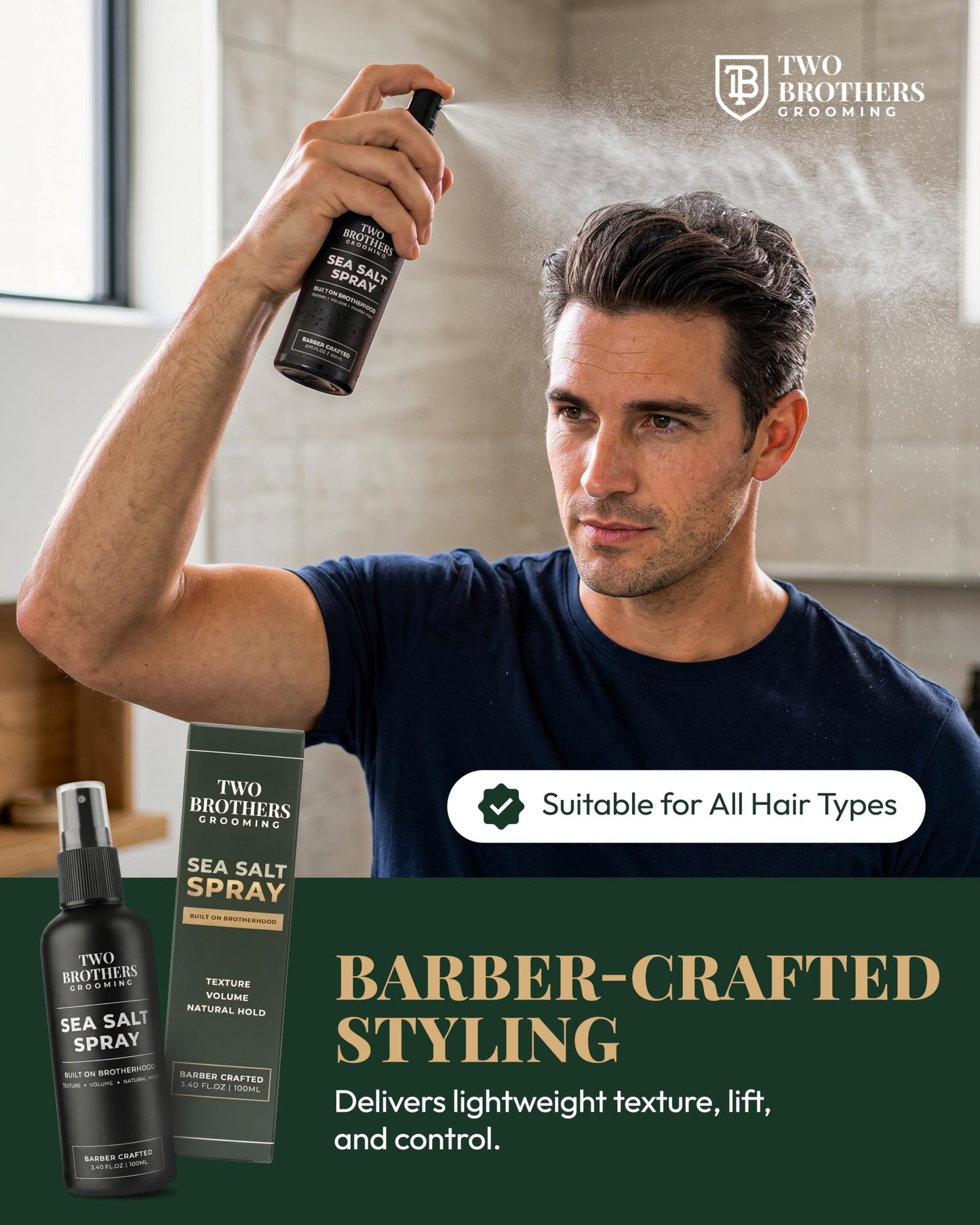 Two Brothers Grooming Sea Salt Spray for Men Hair Texturizing Spray, Volume & Thickness Boost, Matte Finish, Lightweight Natural Hold, Beach Wave Hair
