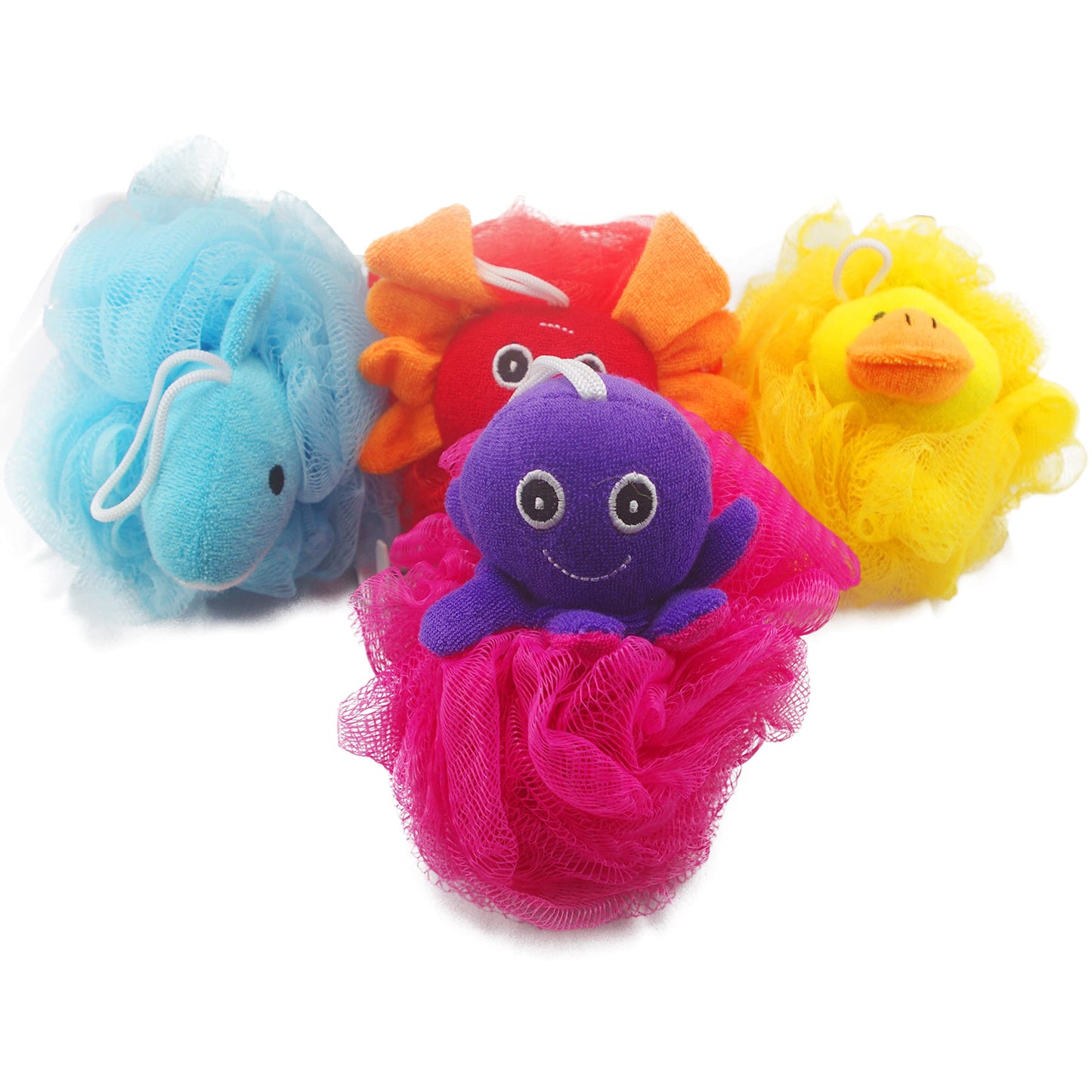 Loofah Exfoliating Shower Stuffed Sponge Pouf Mesh Brush with Animal Design - Bath Spa Puff Scrubber Ball - Body Poof for Man and Woman - Rich Foams