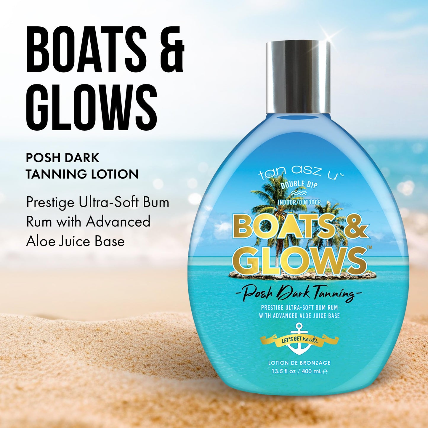 Tan Asz U Boats & Glows Tanning Lotion, Posh Dark Indoor/Outdoor Double Dip Bronzer with Aloe Juice Base, Peptides, Ceramides & Hyaluronic Acid, 13.5
