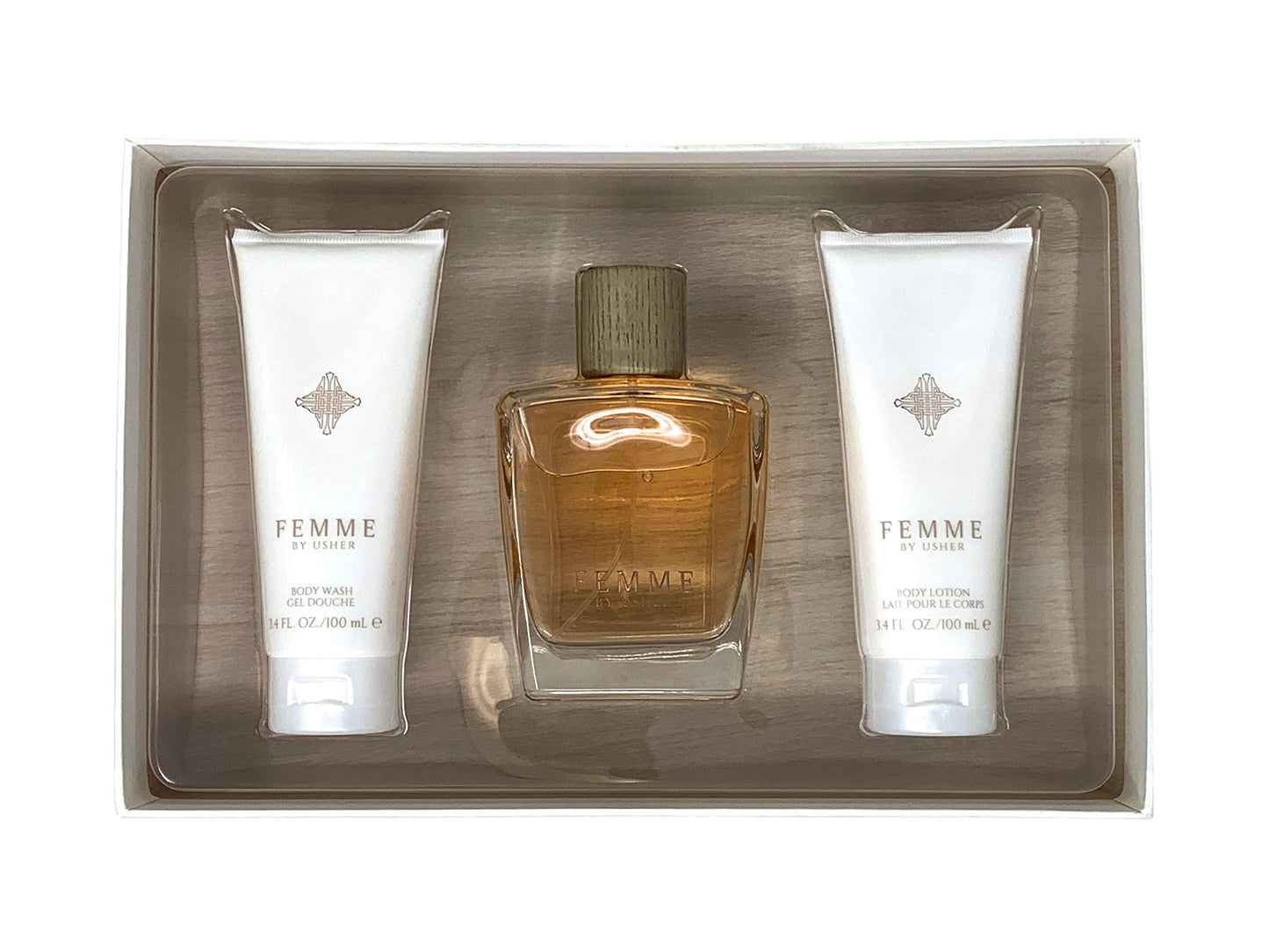 Usher Femme Gift Set for Women - Eau De Parfum Spray (3.4 Oz) + Body Lotion + Shower Gel