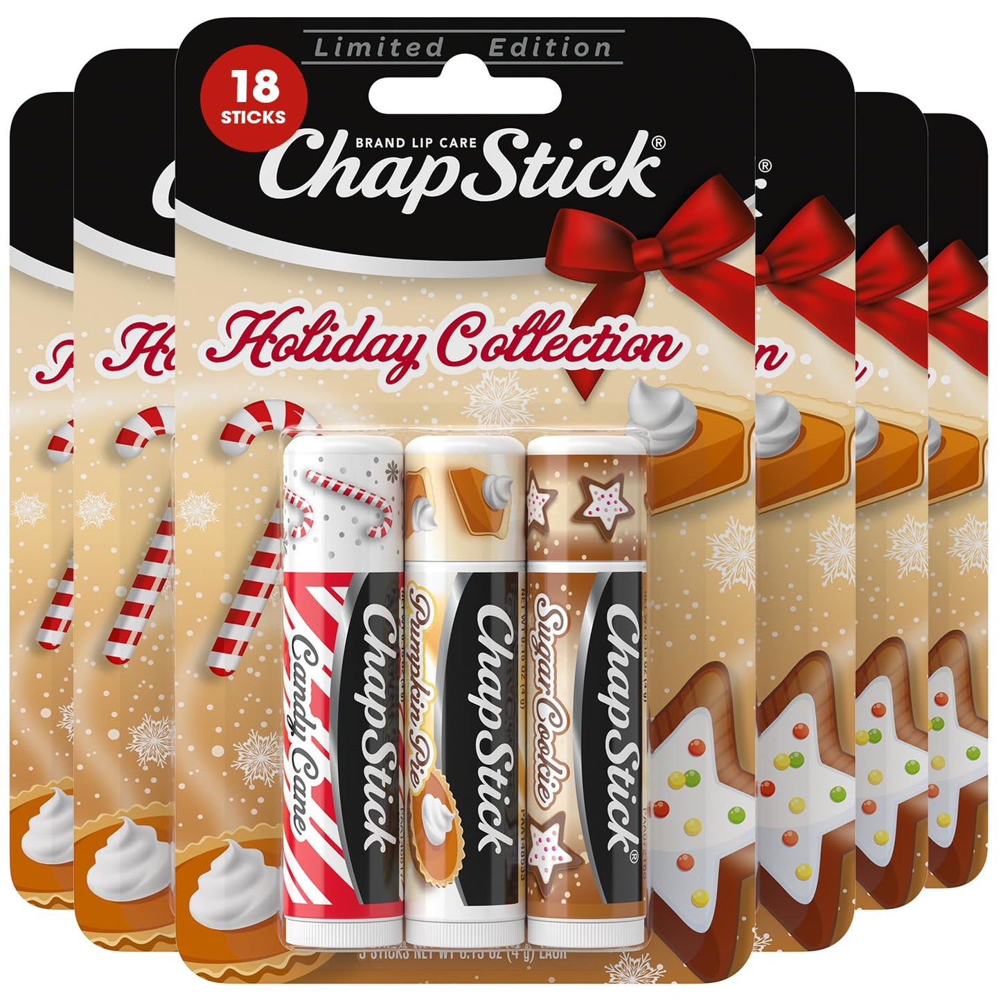 ChapStick Bulk Lip Balm, Holiday Variety 3-Packs x 6 (18 Sticks) - Candy Cane, Sugar Cookie, and Pumpkin Pie Flavored Lip Moisturizers, Stocking