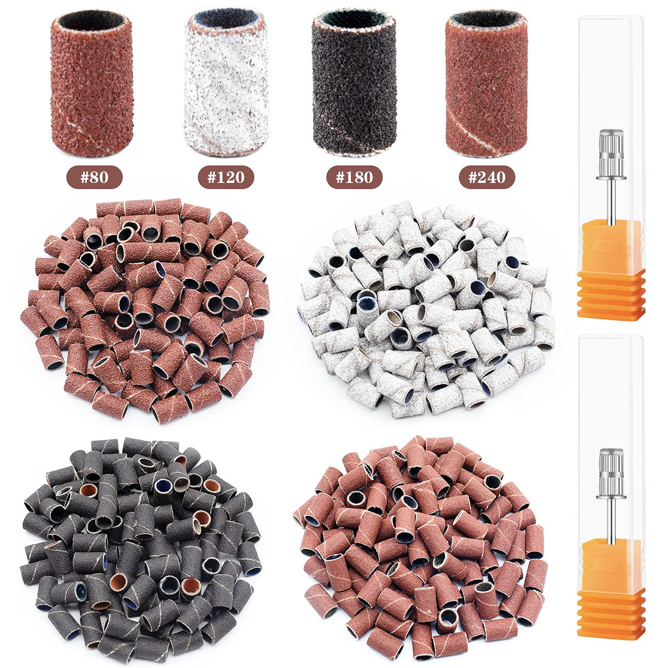 Rolybag Sanding Bands for Nail Drill 240 Pieces 3 Color Coarse Fine Grit Efile Sand Set 80#120#180#240#,2 Pieces 3/32 Inch Nail Drill Bits