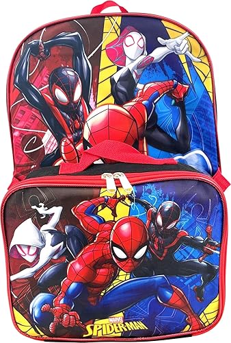 Ruz Spiderman Boy's 16 Inch Backpack With Removable Matching Lunch Box Set (Black-Red-Red)