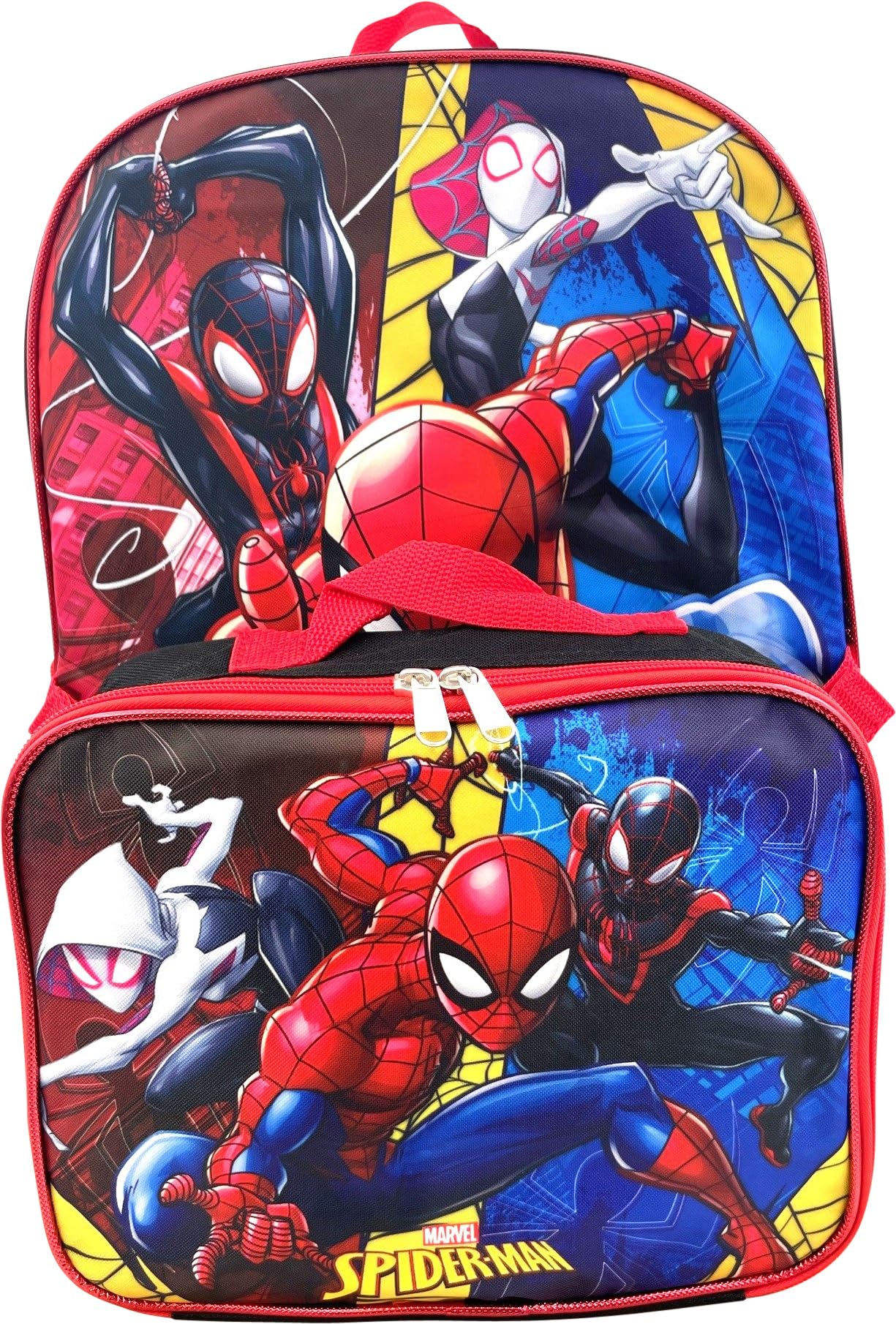 Ruz Spiderman Boy's 16 Inch Backpack With Removable Matching Lunch Box Set (Black-Red-Red)