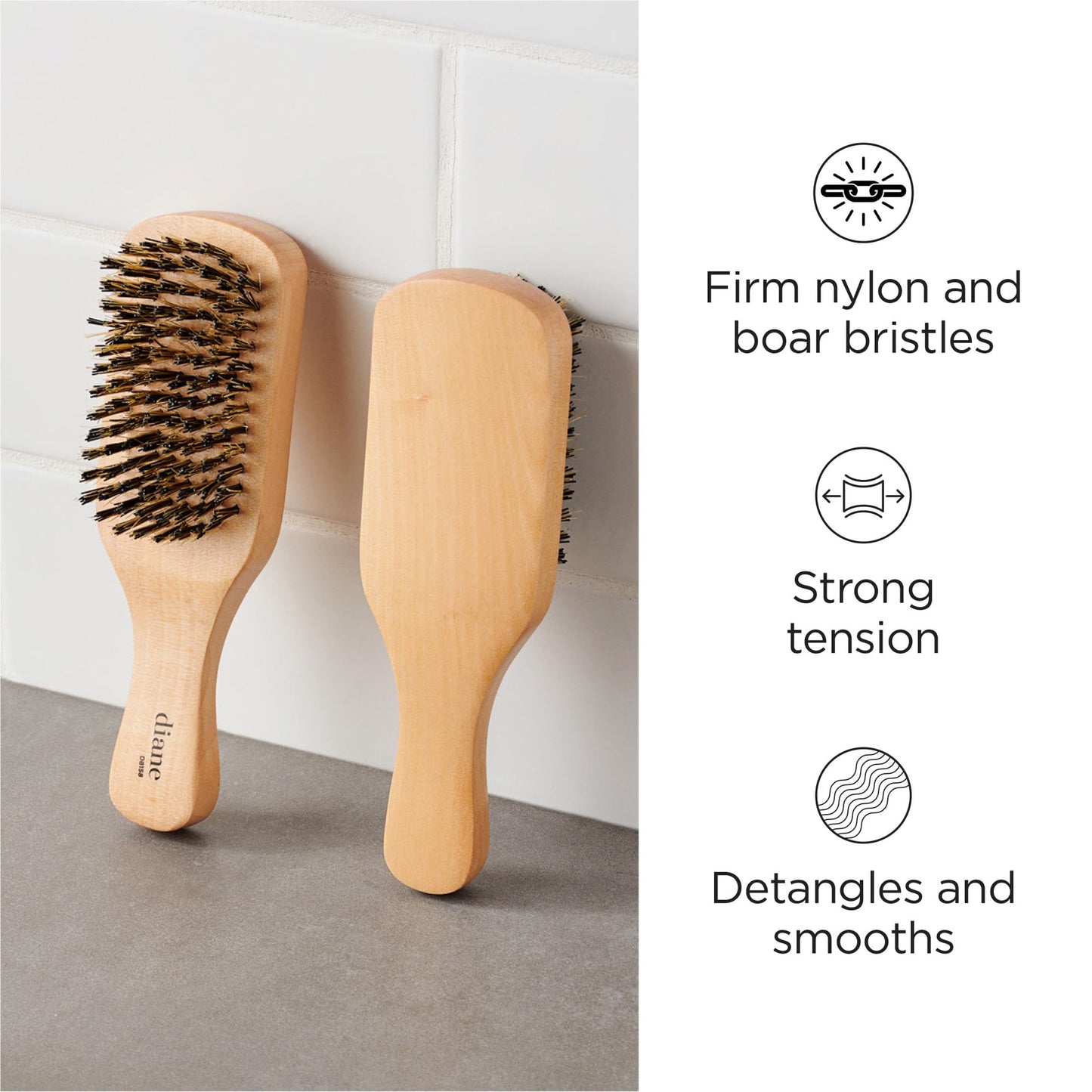 Diane Reinforced Boar Bristle Club Wave Brush for Men and Barbers - Hard Bristles for Thick to Coarse Hair - Use for Detangling, Smoothing, Wave