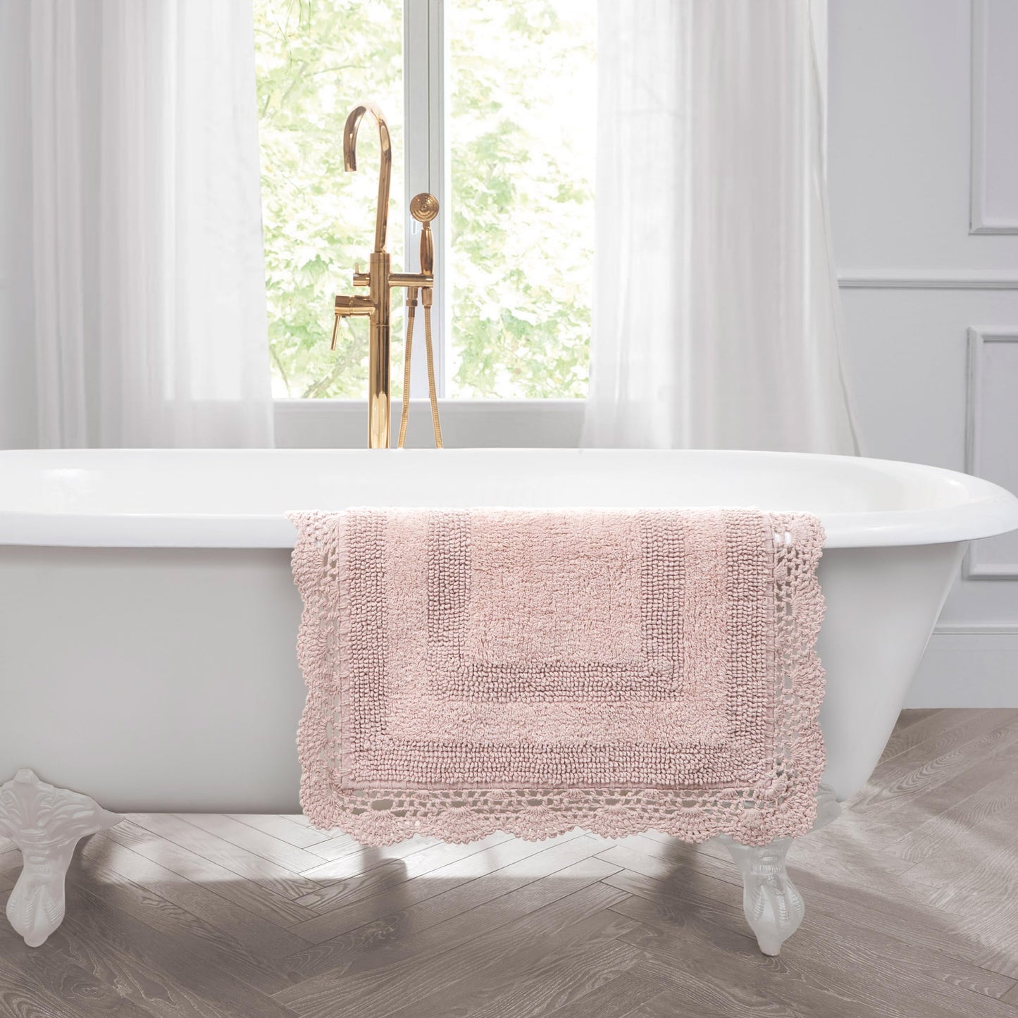 Laura Ashley Absorbent Bath Mat Reversible Crochet Soft and Plush Bathroom Mat 100% Cotton21x34 Bath Rug, Blush Pink