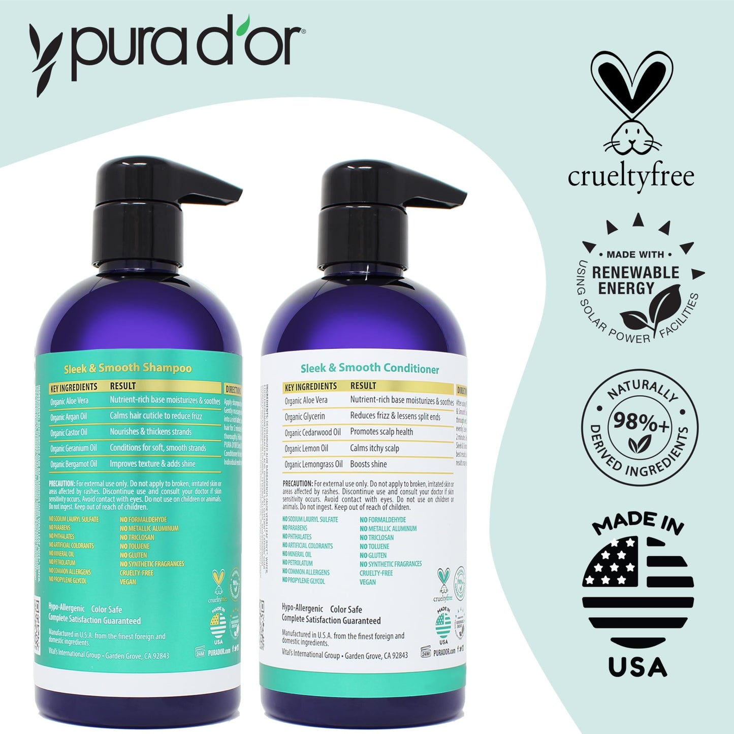 PURA D'OR Sleek & Smooth Shampoo and Conditioner Set For Frizz-Free & Silky Smooth Hair, Infused with Organic Aloe Vera, Argan Oil, Castor Oil