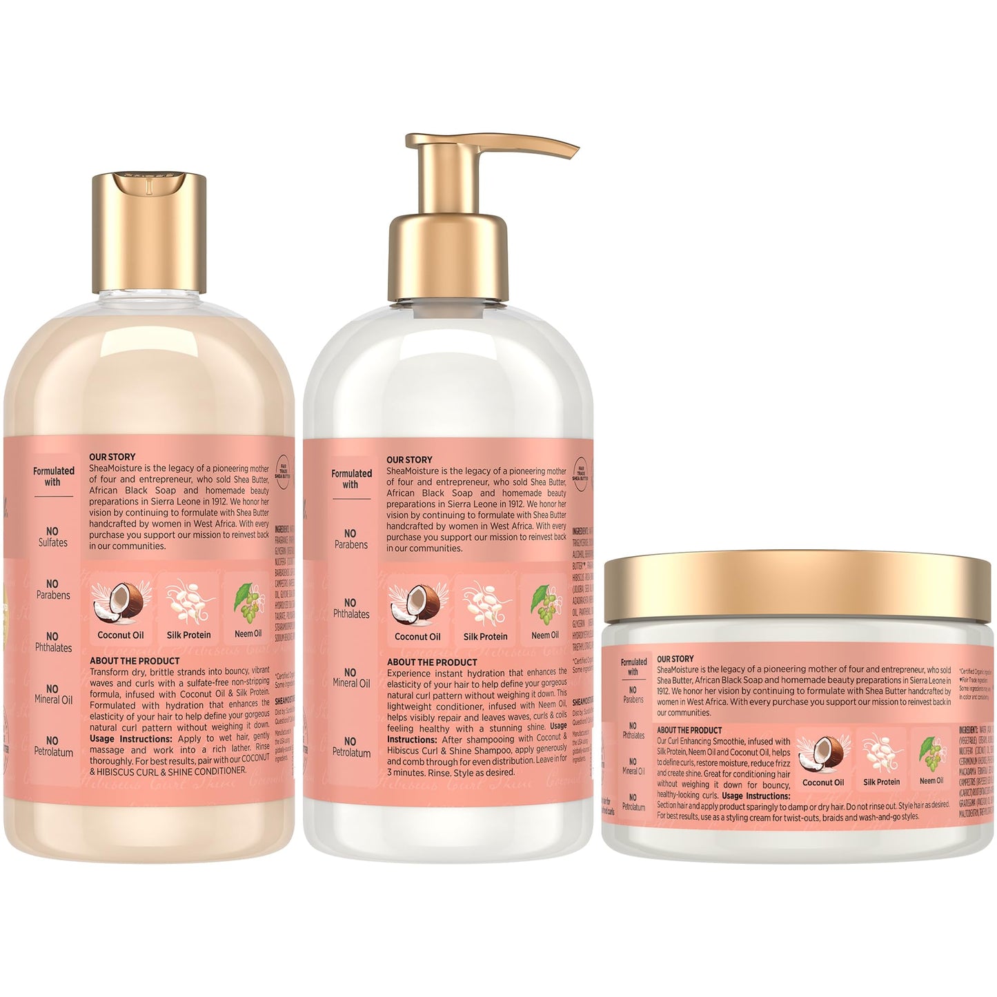 SheaMoisture Coconut & Hibiscus Curl & Shine Shampoo & Conditioner + Curl Enhancing Smoothie for Bouncy Curls, Frizz Control, Gifts for Women