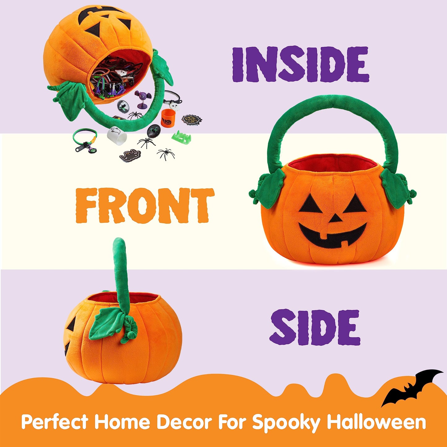 JOYIN Halloween Pumpkin Plush Tote Bucket, 11 X 13.4 inches Candy Trick or Treat Bag, Cute Halloween Basket with Handle for Kids Girl Boy Trick or…