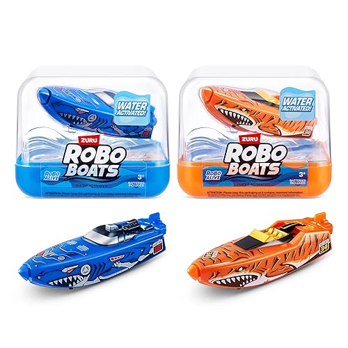 Robo Alive Robo Boats, Tiger Shark & Robo Shark Boat, 2 Pack, by ZURU Water Activated Boat Toy, (Amazon Exclusive)