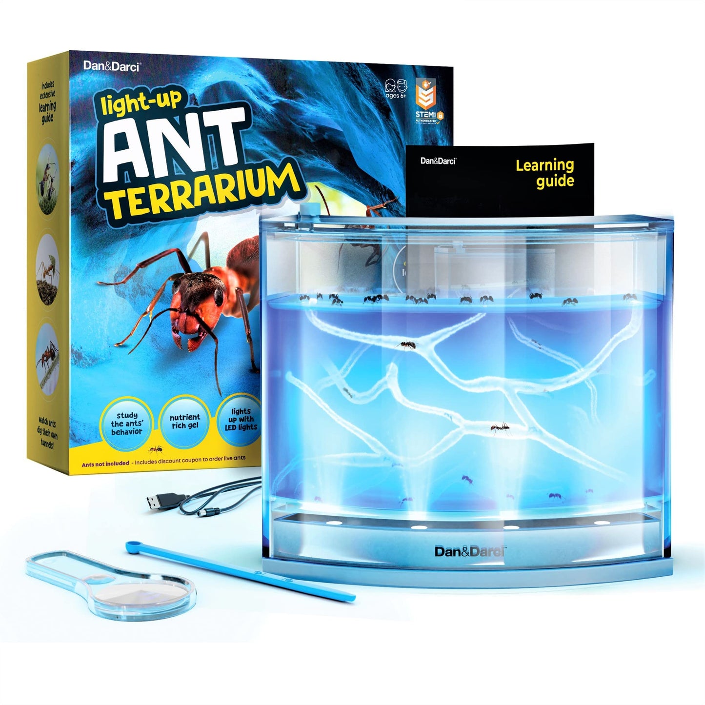 Dan&Darci Light-Up Ant Farm Terrarium – LED Habitat with Nutrient-Rich Gel, Watch Ants Dig Tunnels, Fun STEM Science Kit & Gift for Kids