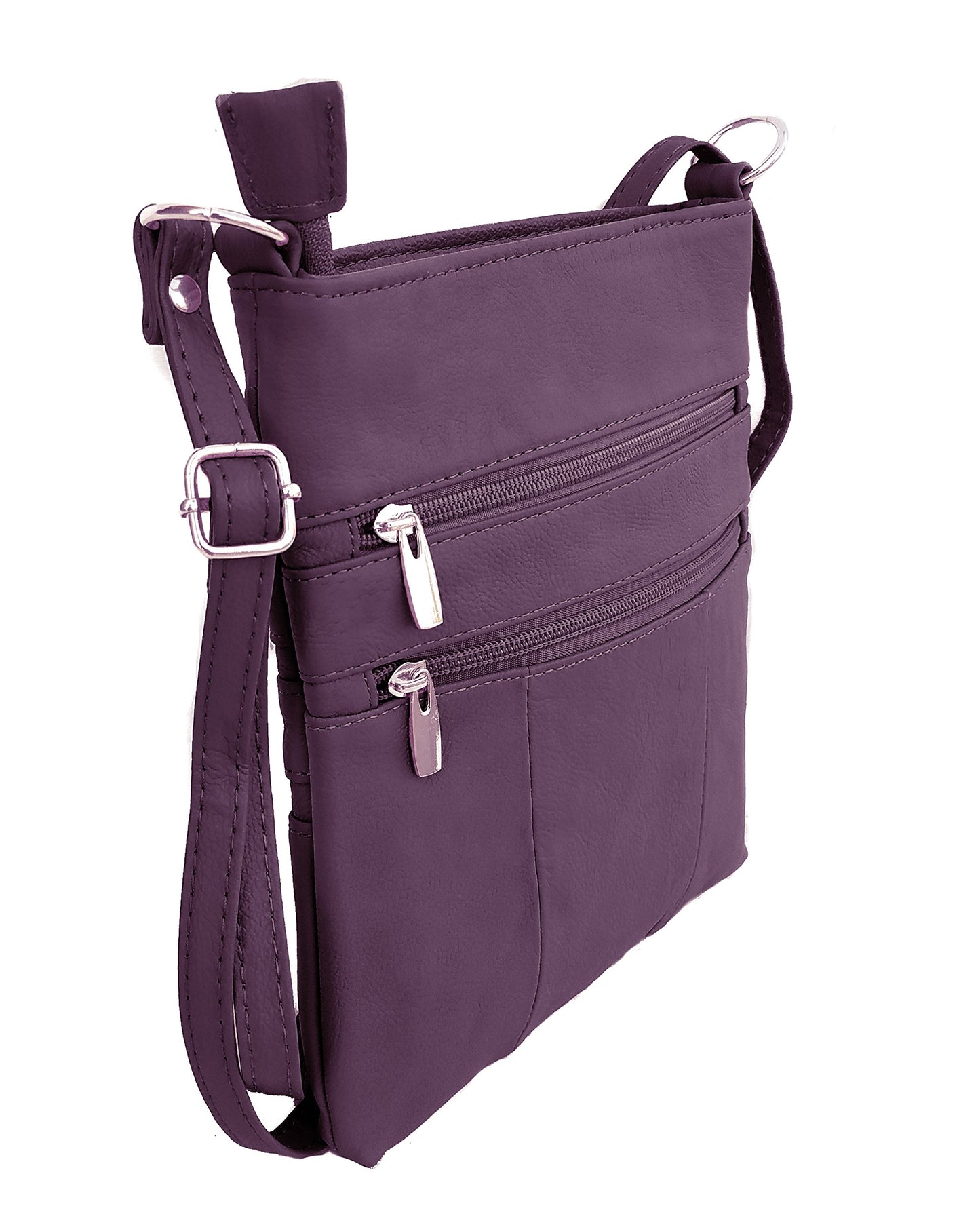 Roma Leathers Mini Body Purse - Multi Pocket Double Zipper Cross Body Handbag - Premium Purple Leather - Adjustable Shoulder Strap - Convenient…