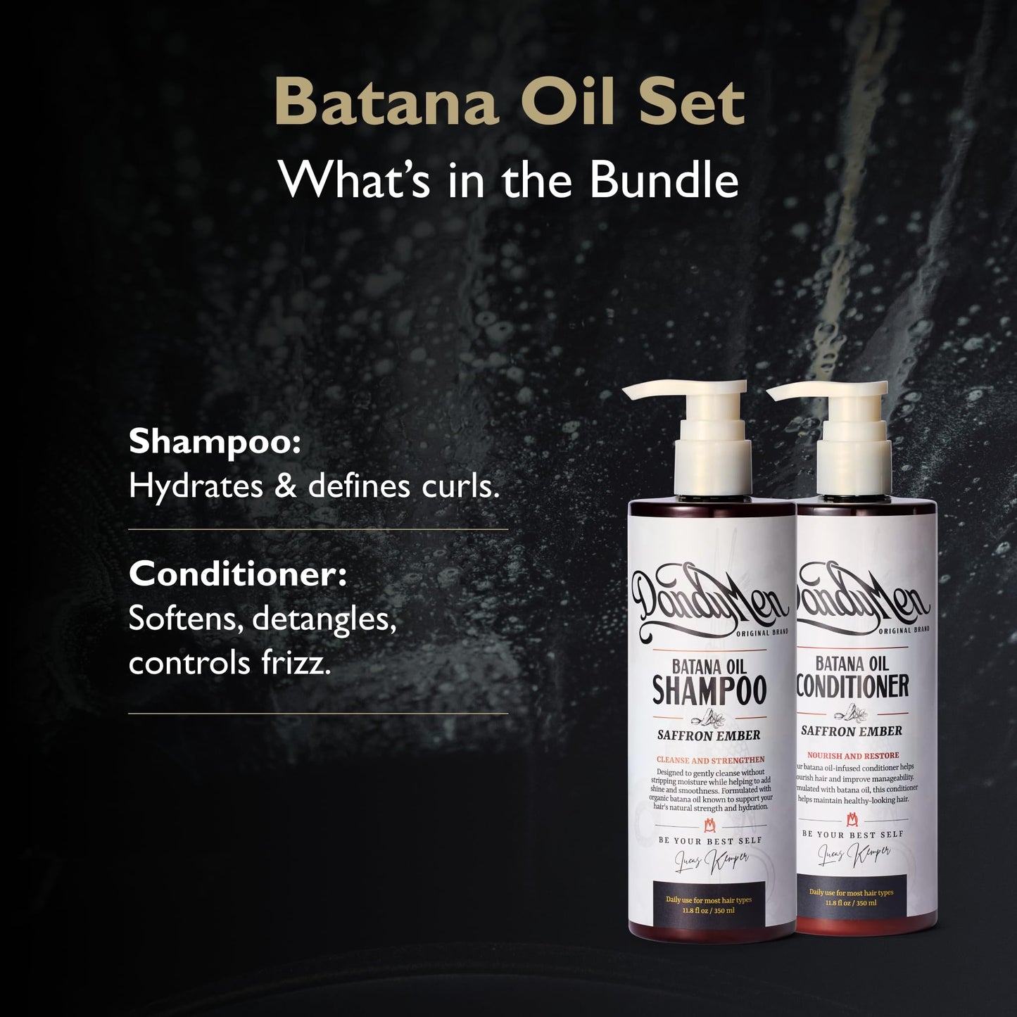 DandyMen Batana Oil Set - Hydrating Shampoo & Conditioner for Wavy & Curly Hair - Frizz Control & Curl Definition - Saffron Ember Scent