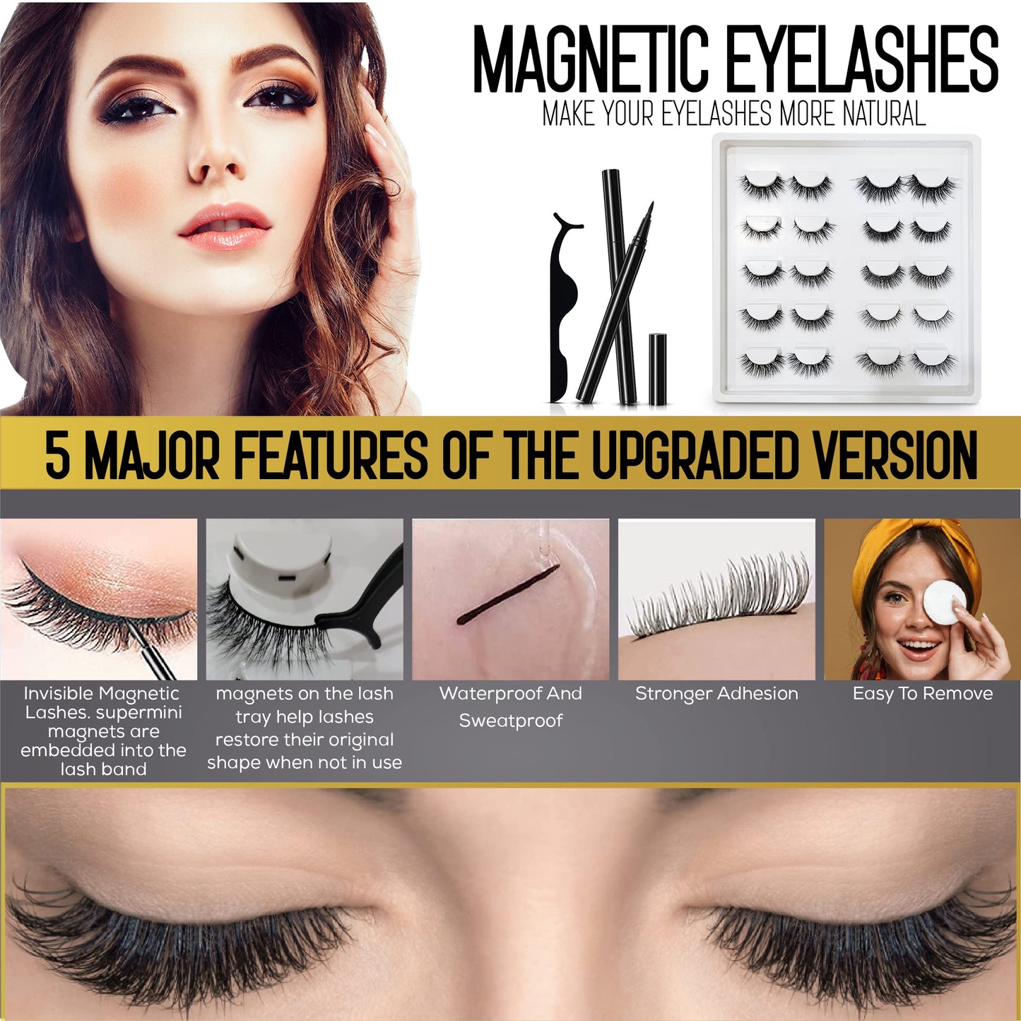Invisible Magnetic Eyelashes and Eyeliner Kit- 10 Pairs Natural Look False Lashes With 2 Magic Magnetic Eyeliner Pens and Applicator- 3D Reusable