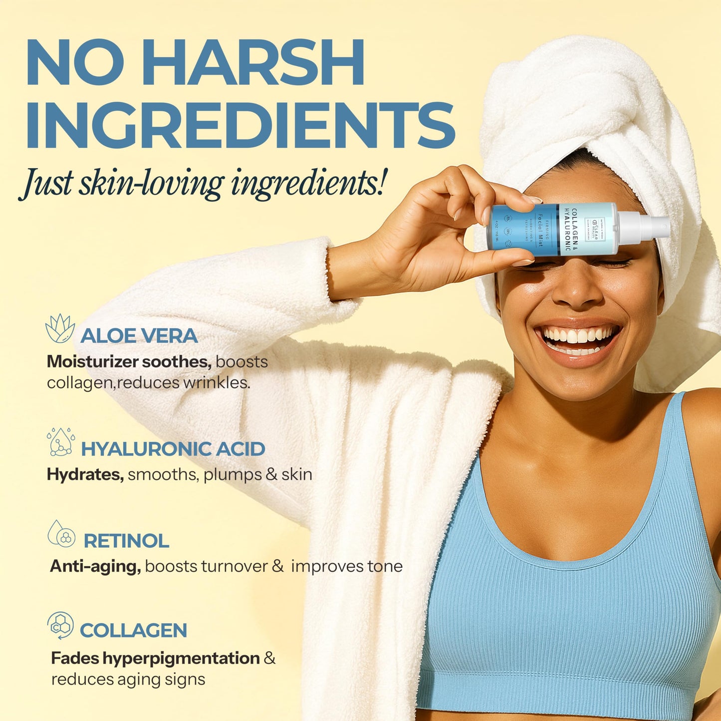 Clear Beauty Hyaluronic Acid & Collagen Face Mist - Dermatologist Tested, Moisturizes & Tones Skin, Anti-Aging, Natural Ingredients, Cruelty-Free, 95%