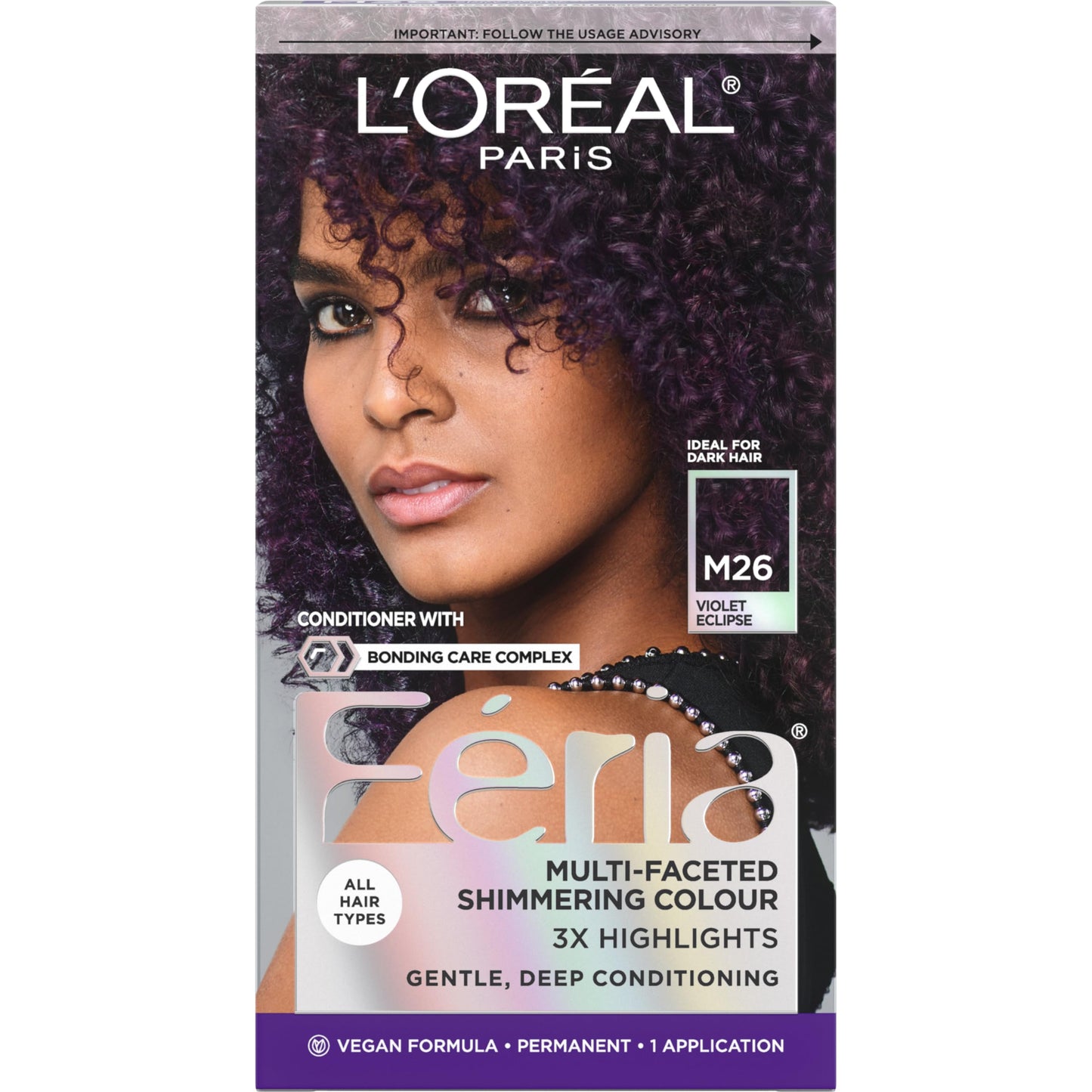 L’Oreal Paris Feria Midnight Bold Multi-Faceted Permanent Hair Dye, One-Step Hair Color Kit for Dark Hair, No Bleach Required, Violet Eclipse