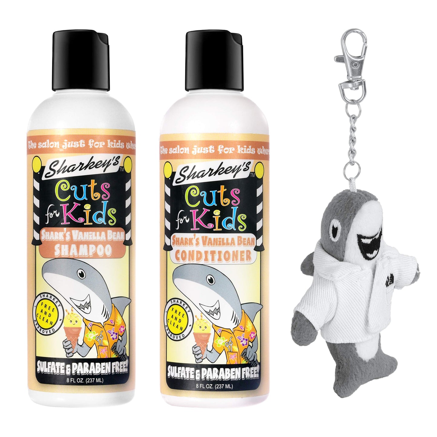 Sharkey's Vanilla Scented Kids Shampoo and Conditioner with Baby Shark Plush Backpack Clip or Lunchbox Clip - Sulfate Free and Paraben Free!