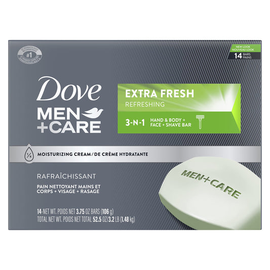 Dove Men+Care Bar 3 in 1 Cleanser for Body, Face, and Shaving Extra Fresh 14 Bars to Clean and Hydrate Skin Body and Facial Cleanser Mandarin Citrus