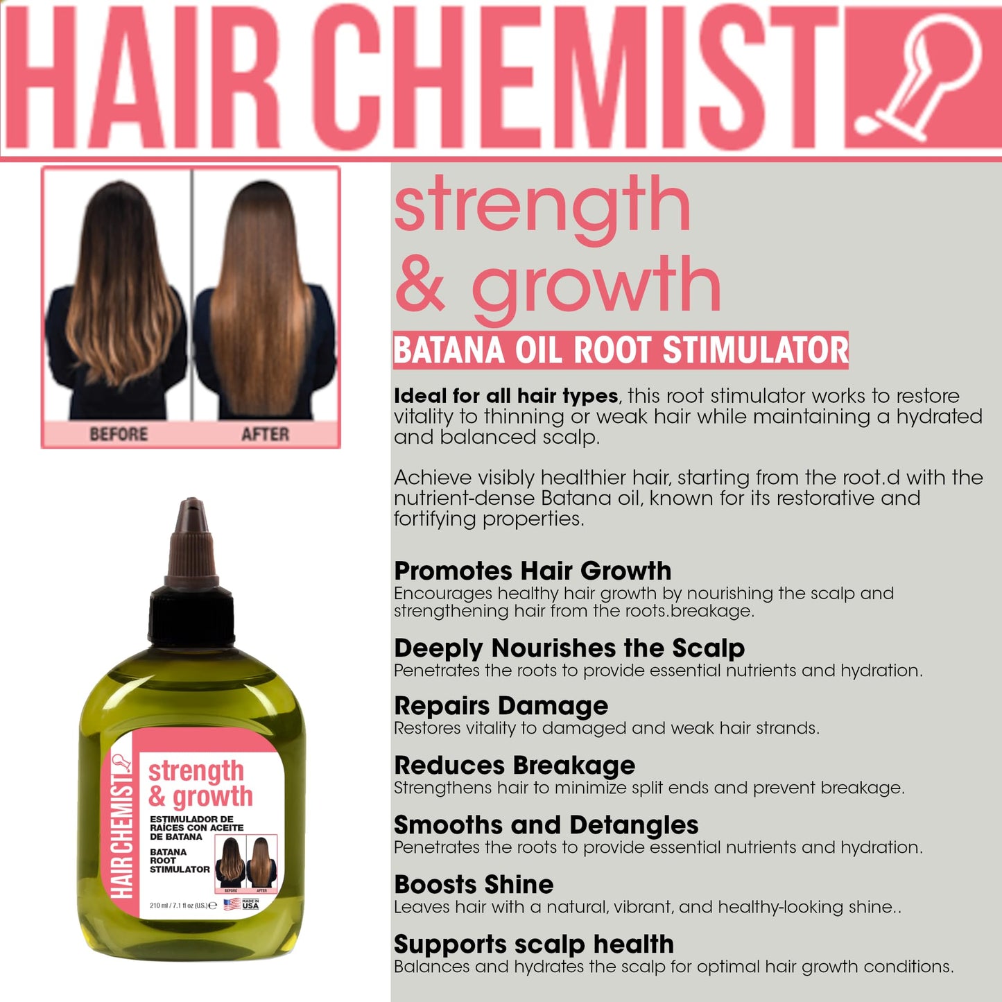 Hair Chemist Strength & Growth Batana Root Stimulator 7.1 oz. - Batana Oil Hair Treatment, Revitalize & Nourish Hair