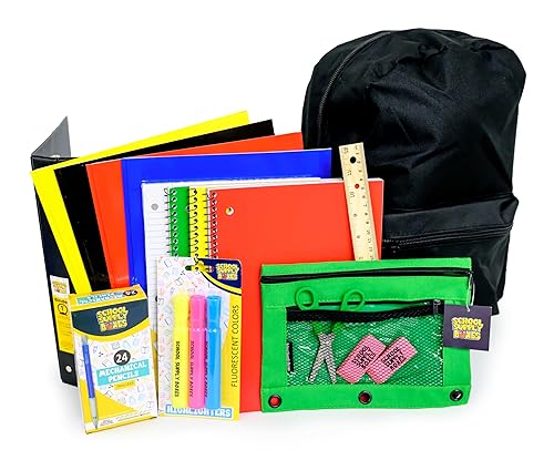 School Supply Boxes | 17" Solid Black Backpack Bundle for High School | Back to School Bookbag with Supplies | Contains Pencil Pouch, Notebooks, Filler Paper, Folders, Mechanical Pencils, & More