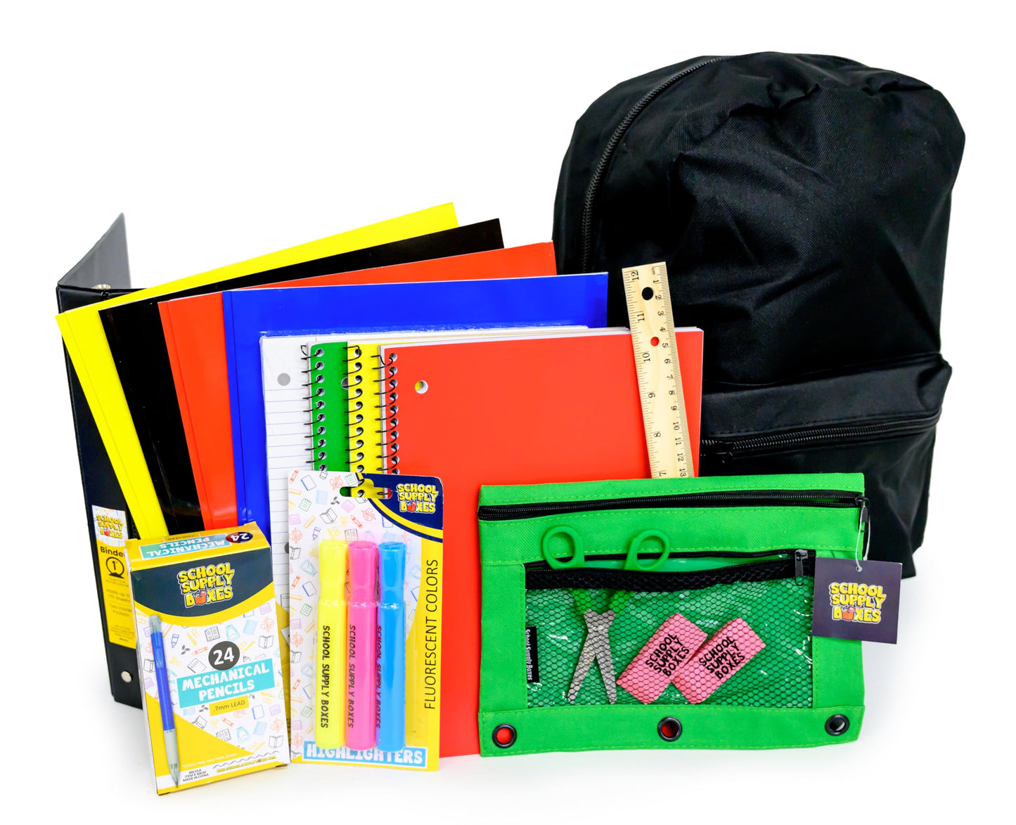 School Supply Boxes | 17" Solid Black Backpack Bundle for High School | Back to School Bookbag with Supplies | Contains Pencil Pouch, Notebooks, Filler Paper, Folders, Mechanical Pencils, & More