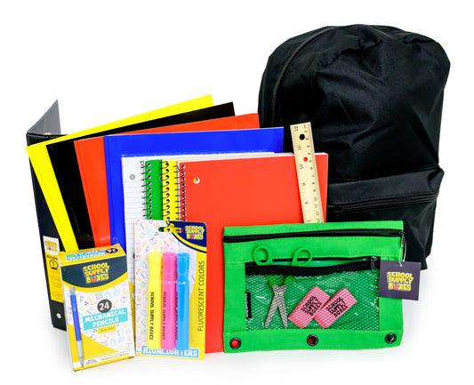 School Supply Boxes | 17" Solid Black Backpack Bundle for High School | Back to School Bookbag with Supplies | Contains Pencil Pouch, Notebooks, Filler Paper, Folders, Mechanical Pencils, & More