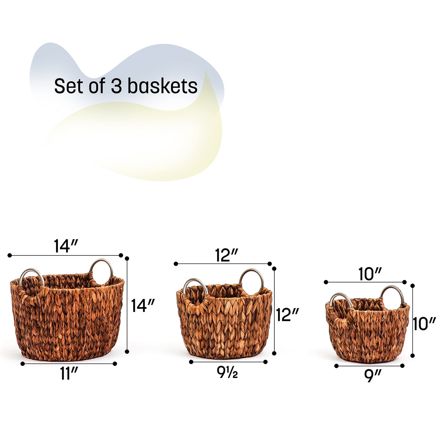 Trademark Innovations Set of 3 Round Hyacinth Baskets with Stainless Steel Handles-Rich Chocolate Finish