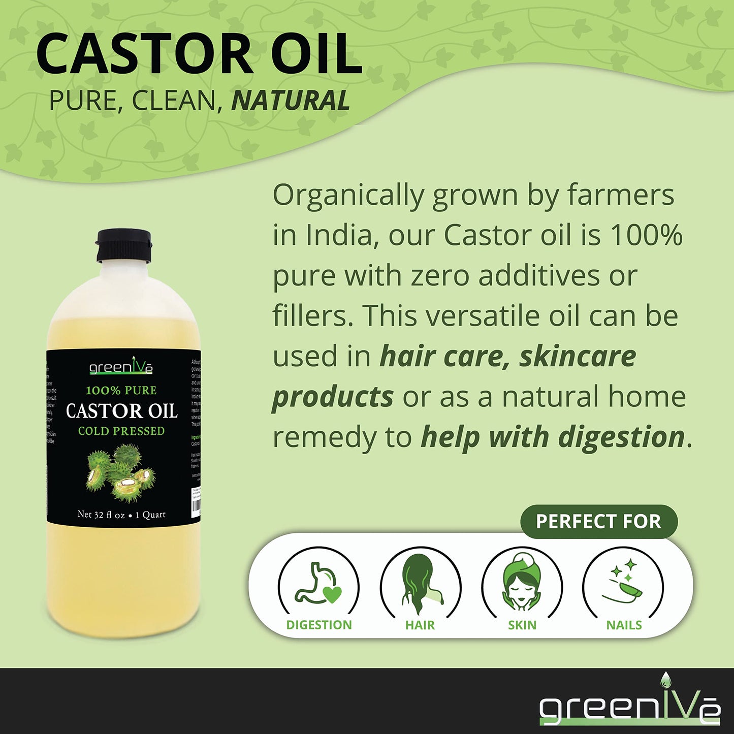 GreenIVe 100% Pure Castor Oil - Cold-Pressed, Hexane-Free - Hair, Eyebrows, Eyelashes, Skin Moisturizer, Castor Pack Wrap Oil Bulk Bottle (32 Fl oz)