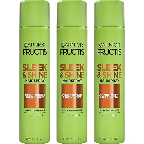 Garnier Fructis Style Sleek and Shine Anti-Humidity Hairspray, Ultra Strong Hold, Frizz Protection 8.25 Oz, 3 Count (Packaging May Vary)