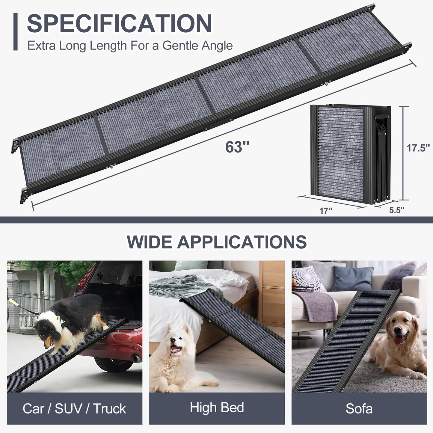 HerCcreta Wigge 63" Portable Dog Ramp – Non-Slip Rug Surface, Folding Car Ramp for Large Dogs, SUVs, Trucks – Supports up to 250 lbs
