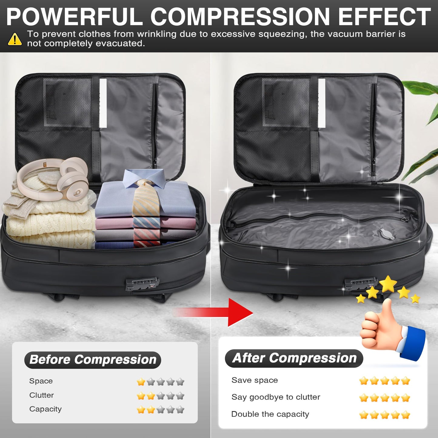 celpack Vacuum Backpack Travel, Vacuum Compression Travel Backpack with Pump, Water Resistant & TSA Anti Theft, Ideal for Travel/Camping/Laptop (With Electric Air Pump & Black)