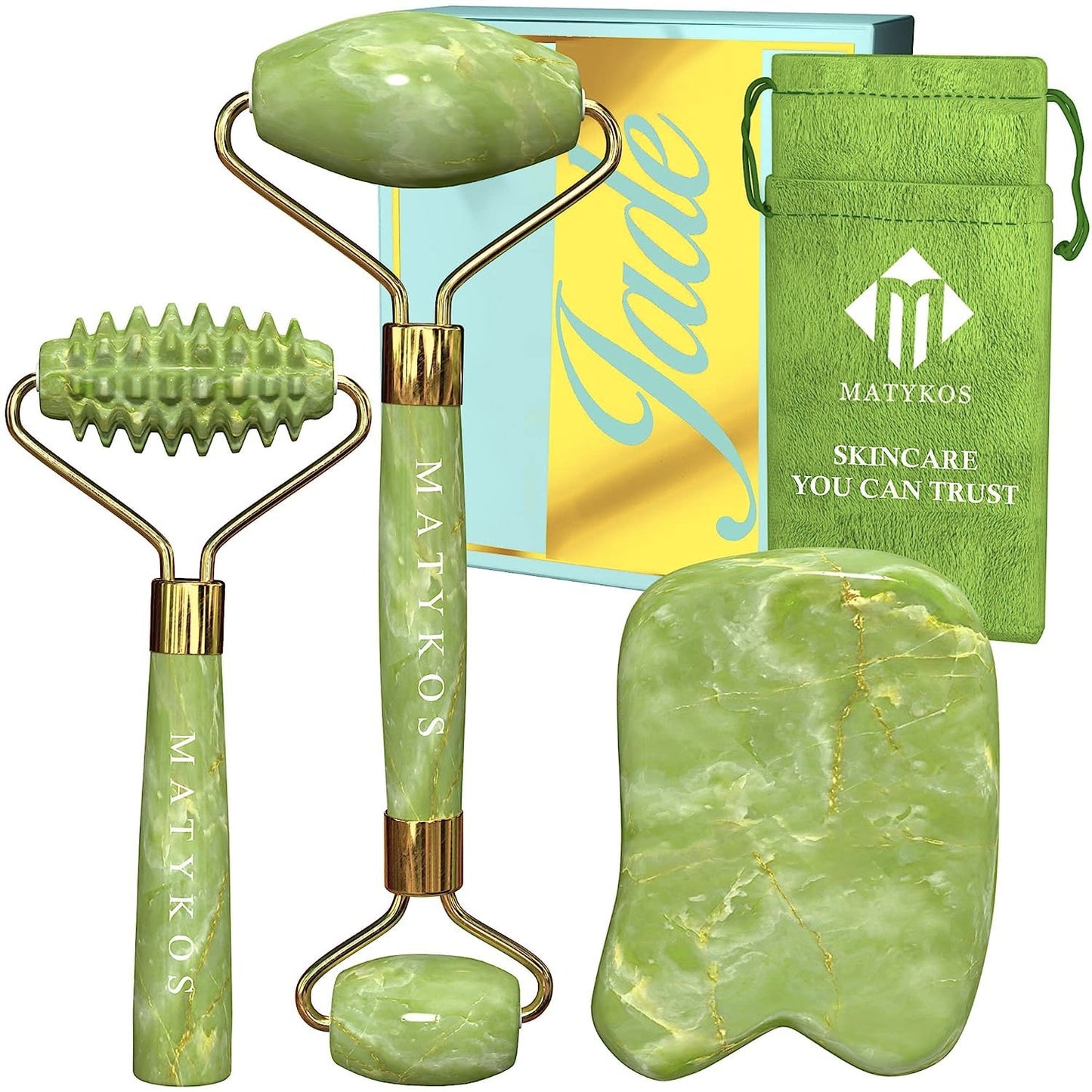 Matykos Jade Roller for Face and Gua Sha Set - 2 Anti-Aging Facial Rollers and Gua-Sha Facial Tool - Face and Body Massager for Your Skincare Routine