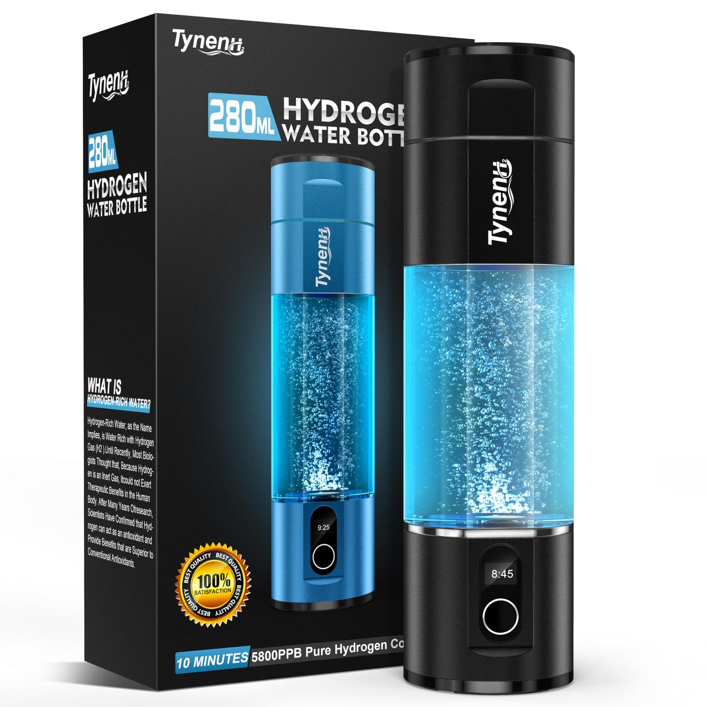 Portable Hydrogen Water Bottle Generator: 280ML Water lonizer Machine with 5800PPB+,SPE/PEM Technology,5/10min,Rechargeable Aquahealth Hydrogen