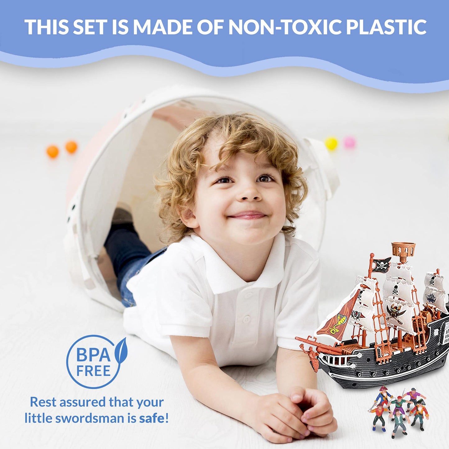 HOWBOUTDIS Pirate Playset - 10 inch Pirate Ship with 2" Pirate Figurines - Hours of Imaginative Play- Makes a Great Gift or a Fun Prize - Ages 3yrs+