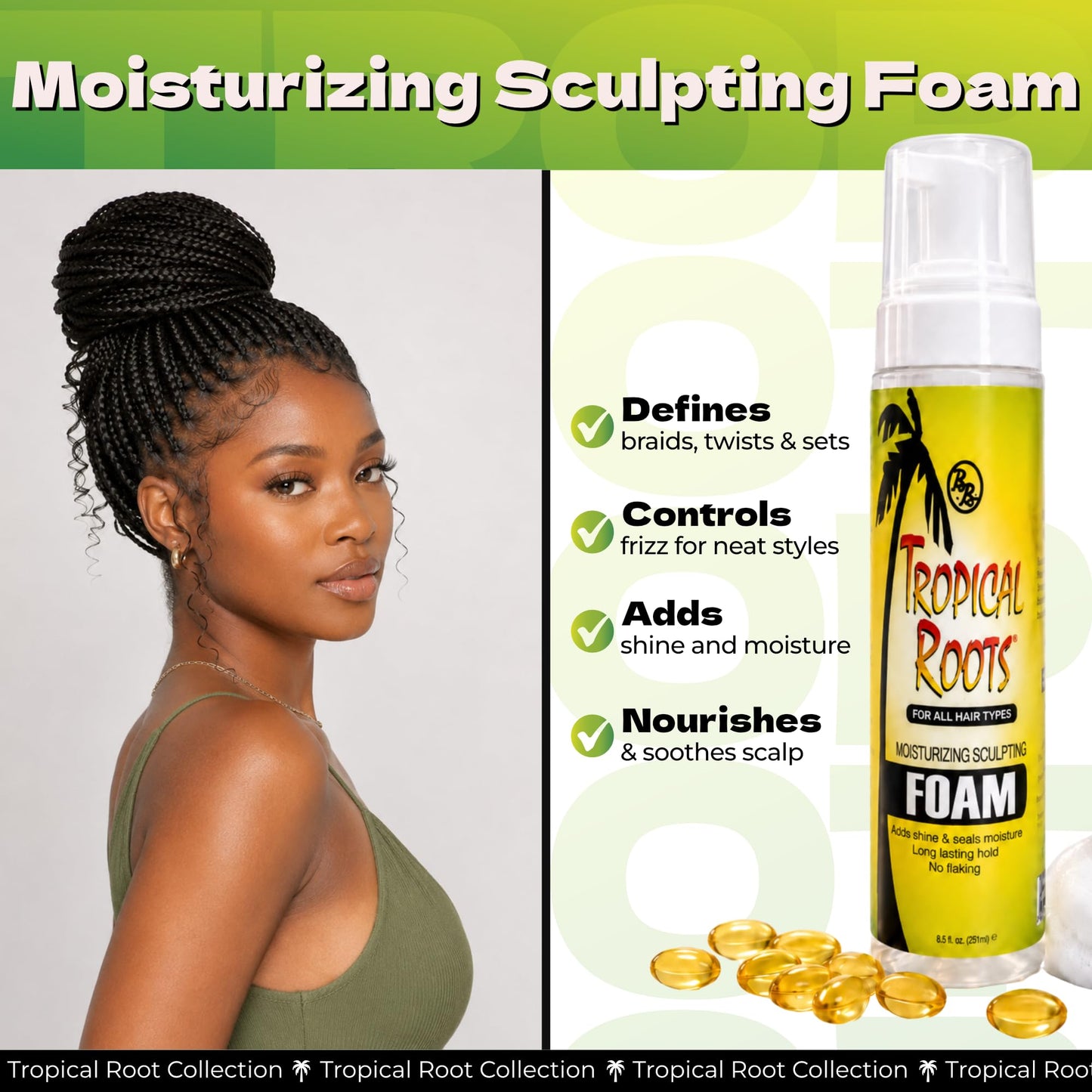 Bronner Bros Tropical Roots Moisturizing Sculpting Foam - Long-Lasting Hair Foam Wrap for Braids, Twists & Sets - Helps Soothe Dry, Itchy Scalp