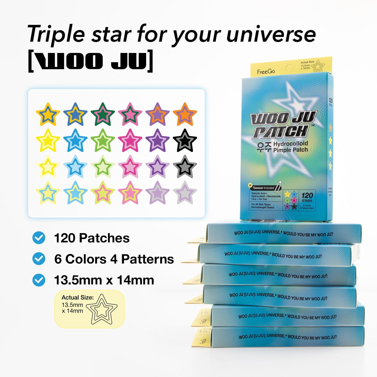 FreeGo WOO JU (??) Hydrocolloid Pimple Patch 120 Counts | Cute Colorful Star Shape | Salicylic Acid, Niacinamide, CICA, Tea Tree | Made in Korea