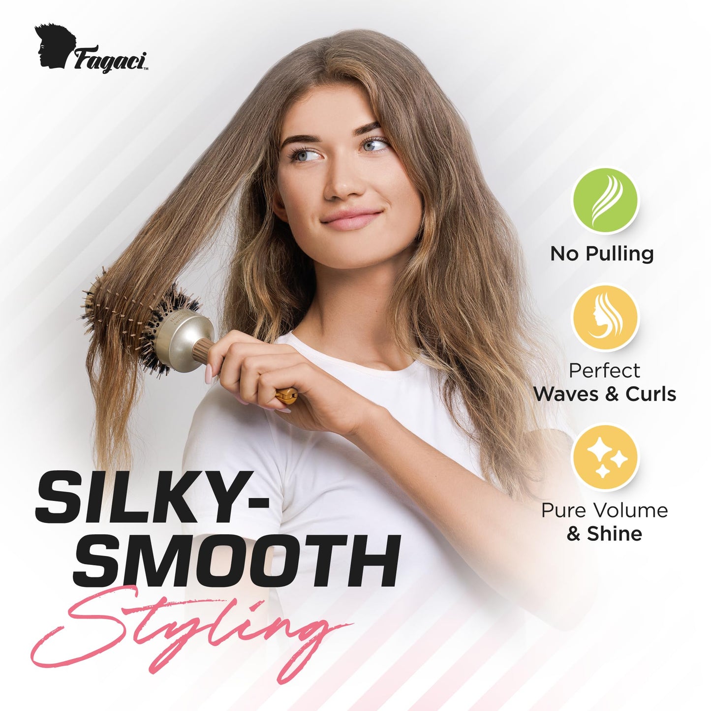 Fagaci Professional Large Round Brush with Natural Boar Bristles for Blow Drying, Nano Technology Ceramic+Ionic for Hair Styling, Volumizing