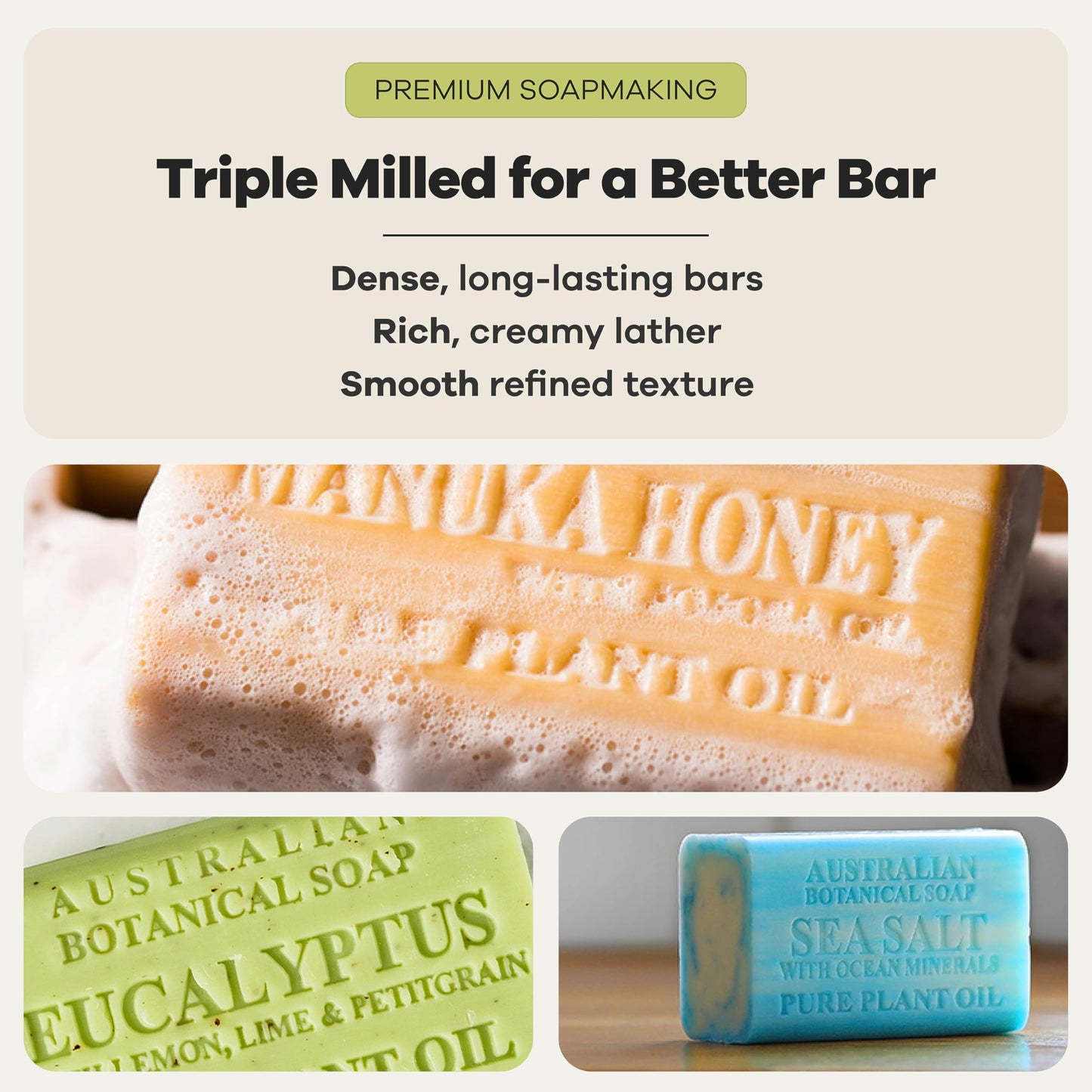 Australian Botanical Soap Variety Pack, 6.6 oz Bars - Goat Milk, Eucalyptus, Manuka Honey, Sea Salt, Pink Lychee, Lemongrass, Raspberry, Valencia